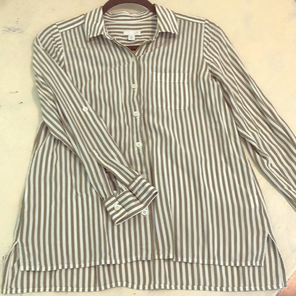 Olive green striped button down blouse